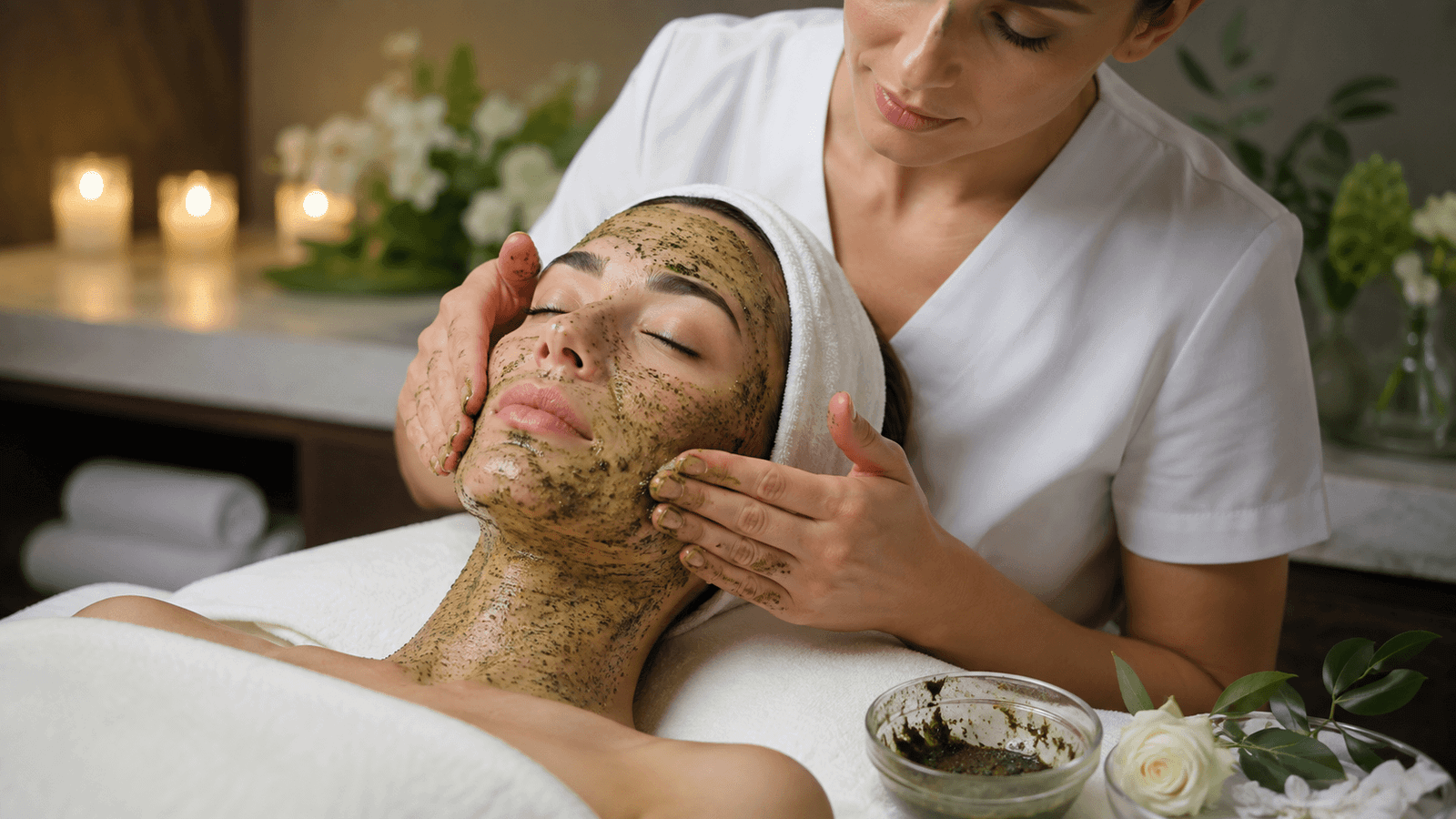 Massage de la préparation d’herbes GREEN PEEL® sur le visage et le cou.
