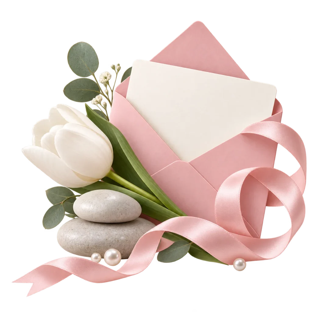 Bon cadeau DEPILOR présenté dans une enveloppe rose avec un ruban et des fleurs.