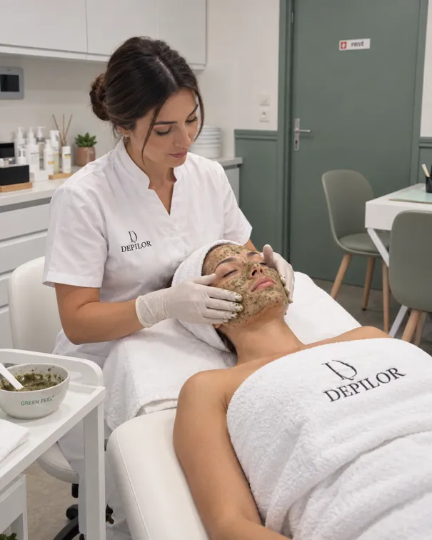 Application du soin GREEN PEEL® sur le visage au centre DEPILOR à Vénissieux.
