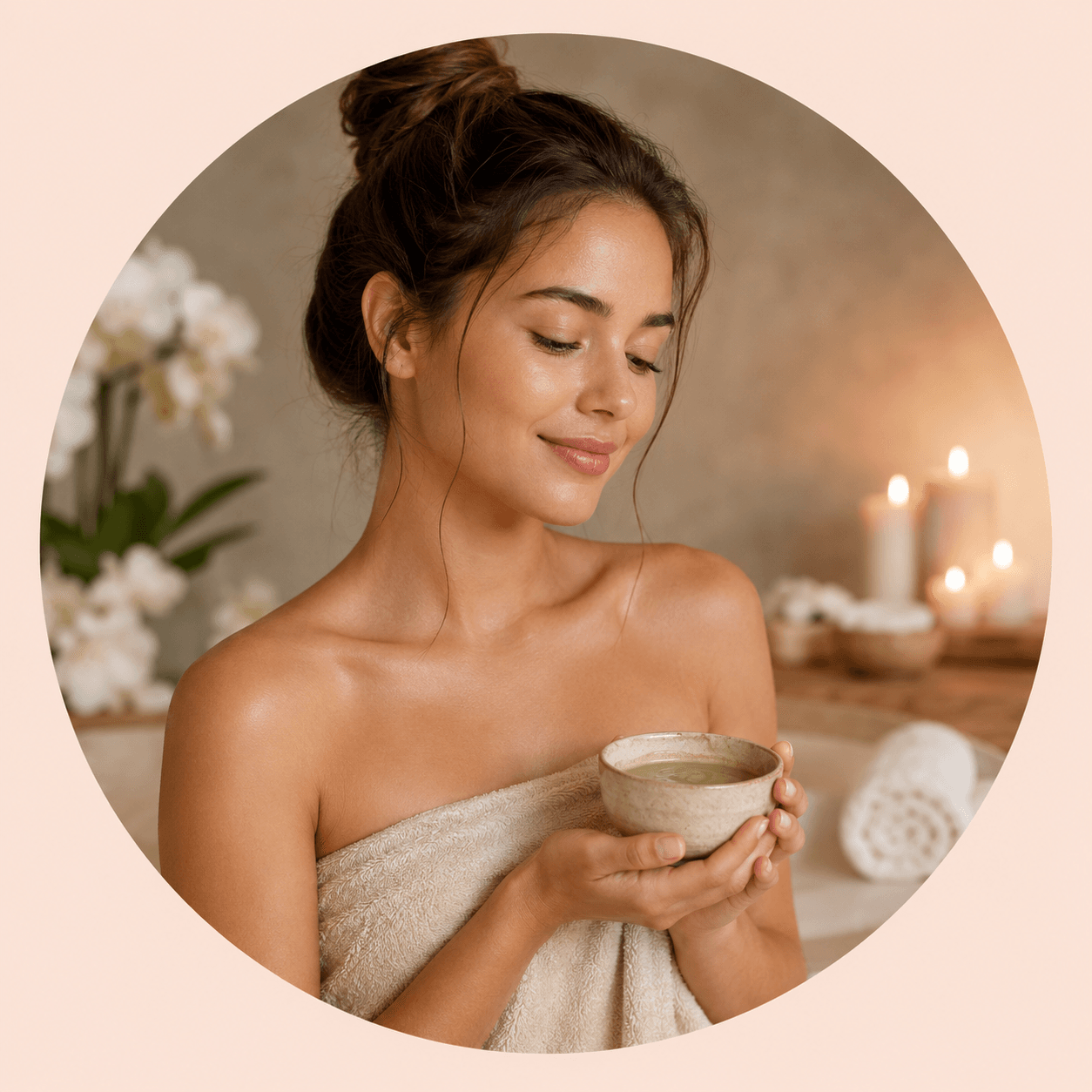 Femme tenant un bol de préparation végétale avant un soin du visage GREEN PEEL®.