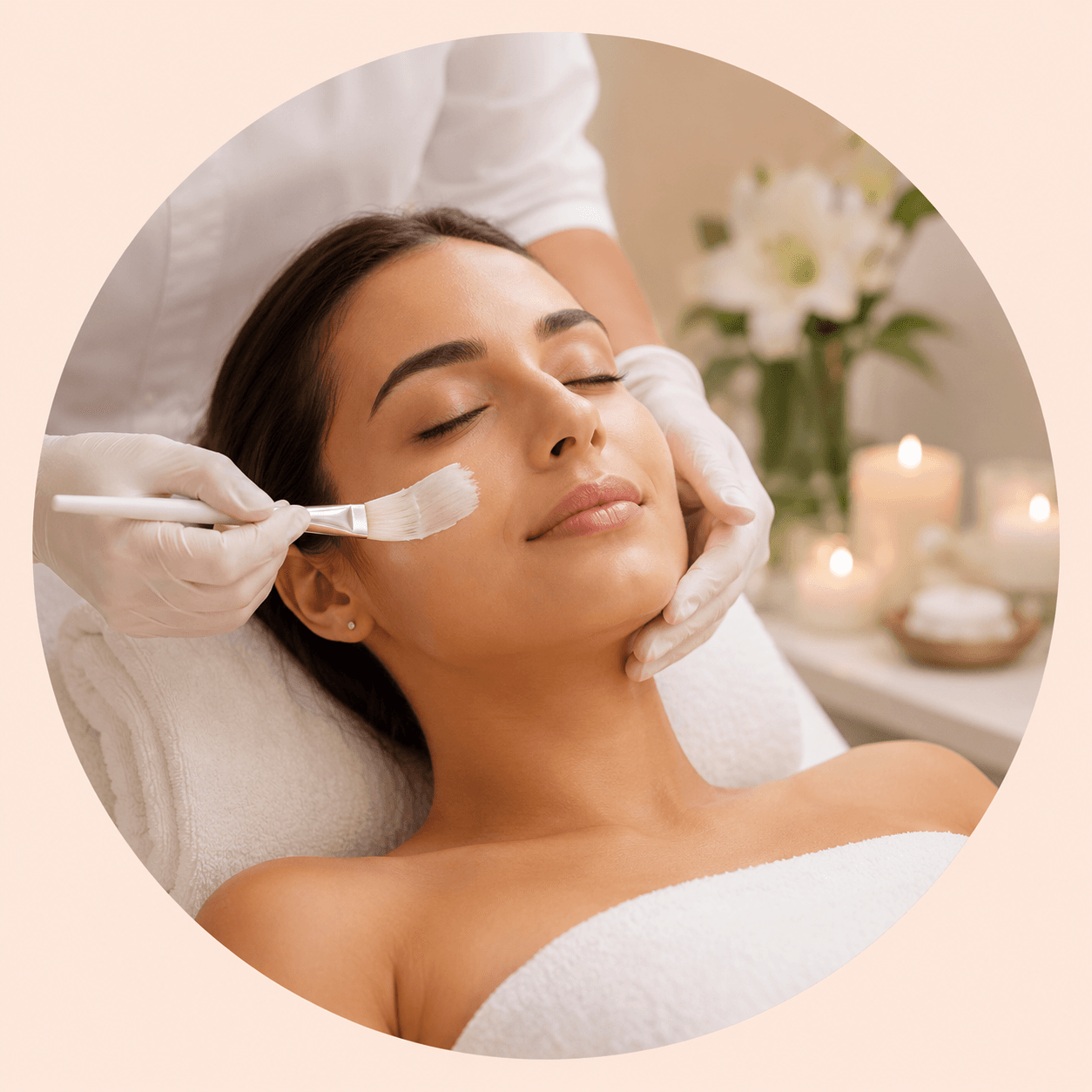 Application au pinceau d’un soin du visage GREEN PEEL® par une esthéticienne.