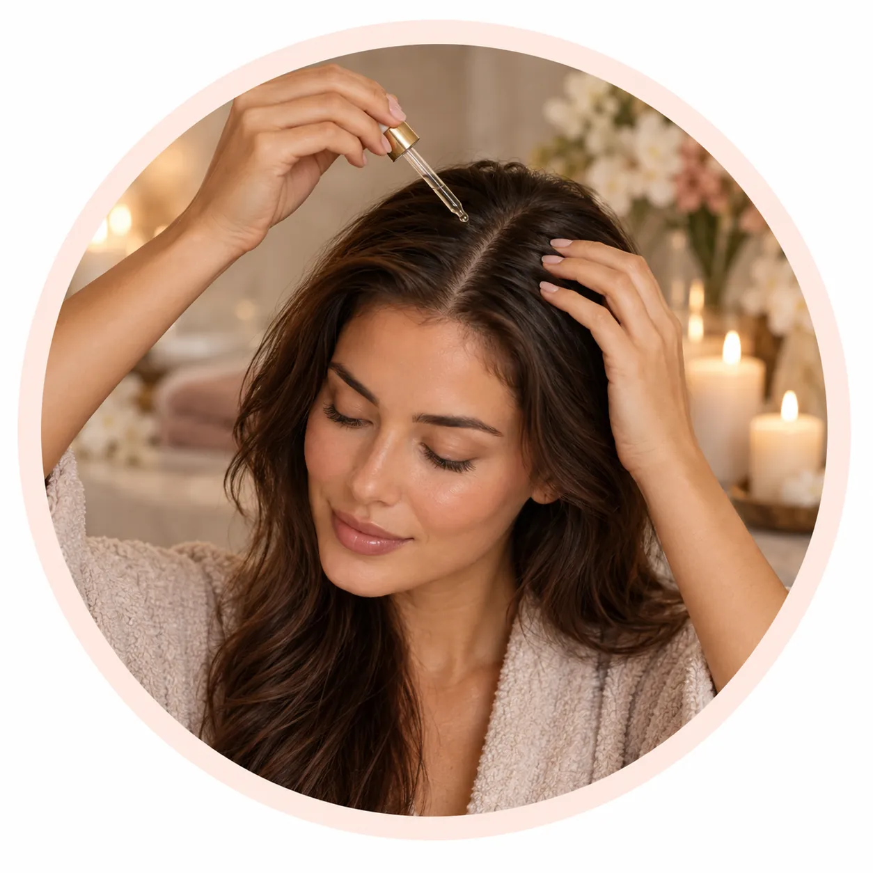 Application du Hair Boost Tonic au compte-gouttes sur le cuir chevelu entre deux séances.