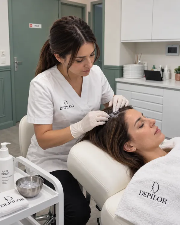 Application du soin capillaire Hair Boost sur le cuir chevelu au centre DEPILOR à Vénissieux.
