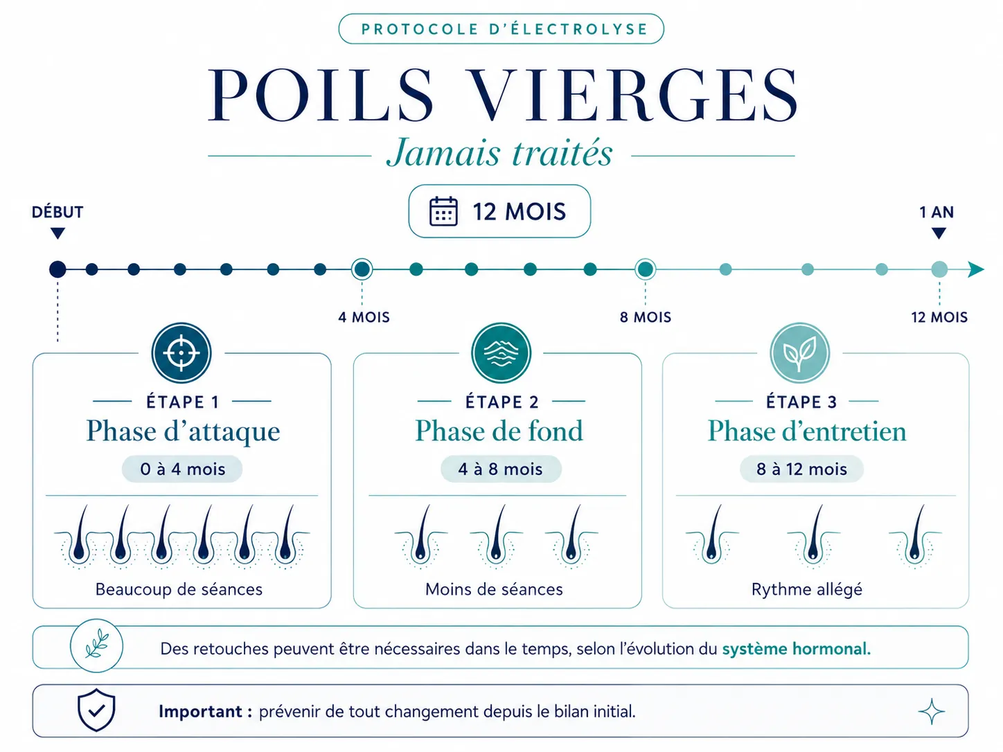 Infographie du protocole d’électrolyse pour poils vierges : phase d’attaque, phase de fond et phase d’entretien sur environ 12 mois.