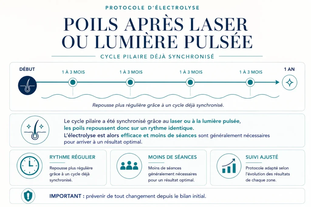 Infographie du protocole d’électrolyse après laser ou lumière pulsée : cycle pilaire déjà synchronisé et séances espacées de 1 à 3 mois.