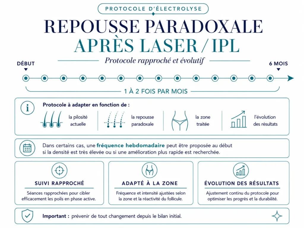 Infographie du protocole d’électrolyse en cas de repousse paradoxale après laser ou IPL : séances rapprochées, 1 à 2 fois par mois.