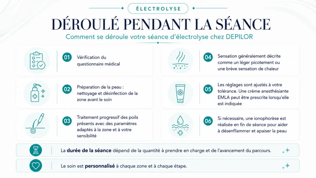 Infographie du déroulé d’une séance d’épilation électrolyse chez DEPILOR, en six étapes du questionnaire médical à la ionophorèse.