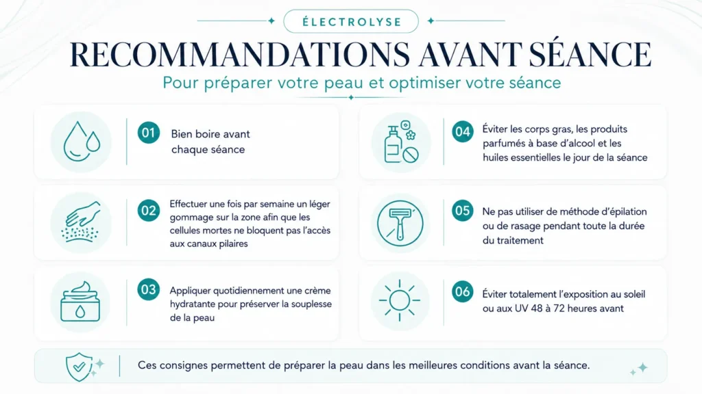 Infographie des recommandations avant une séance d’électrolyse : préparation de la peau en six points.