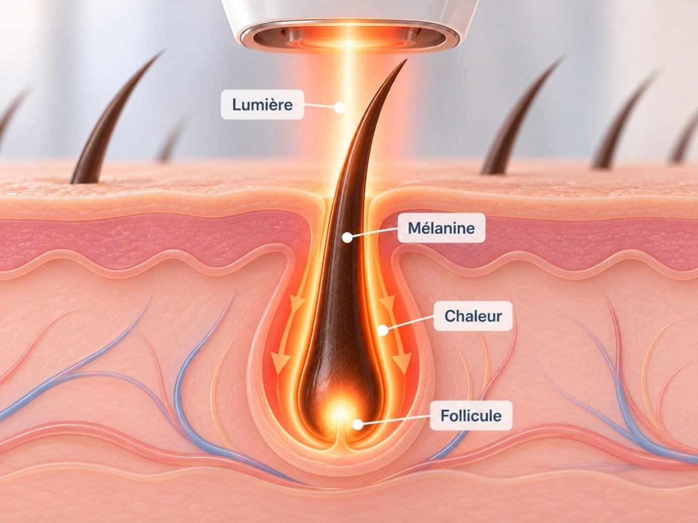 Schéma du fonctionnement de l’épilation laser : la lumière absorbée par la mélanine se transforme en chaleur au niveau du follicule.