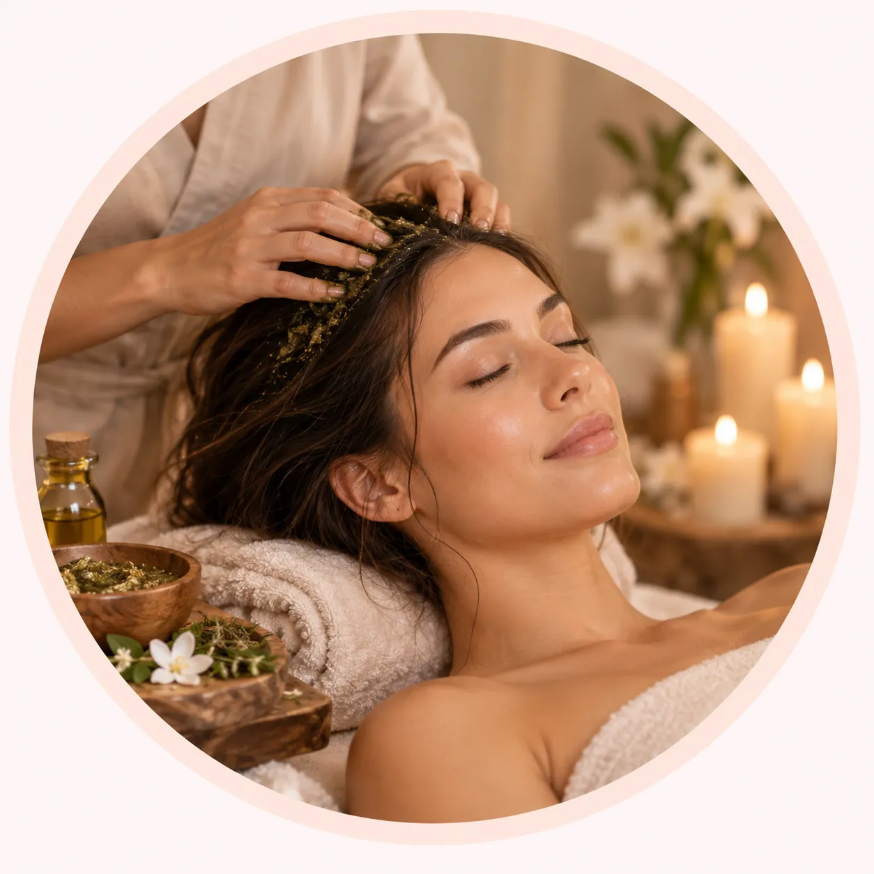 Massage du cuir chevelu avec la préparation d’herbes du soin GREEN PEEL® Hair Boost.