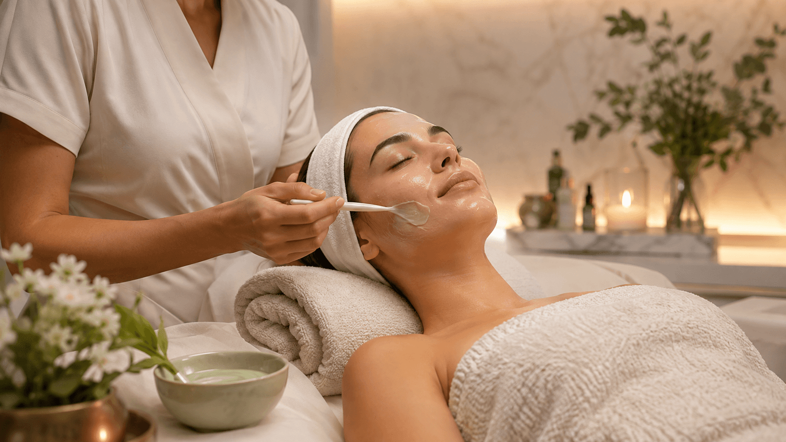 Application d’une crème de soin au pinceau après le protocole GREEN PEEL®.