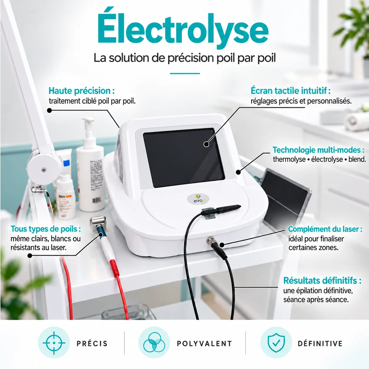 Infographie de l’appareil d’électrolyse INFINY utilisé chez DEPILOR : traitement poil par poil, écran tactile et modes thermolyse, électrolyse et blend.