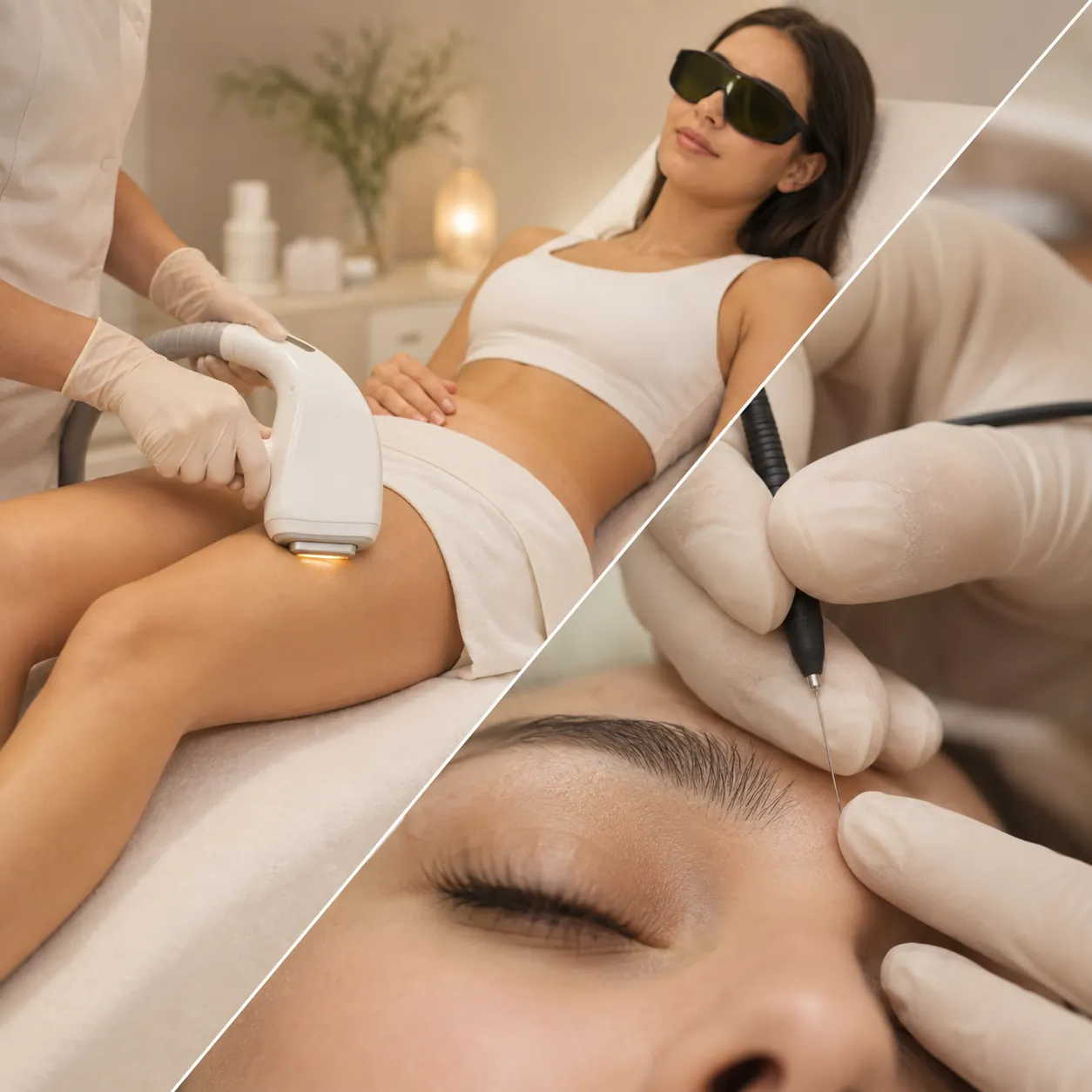 Laser ou électrolyse : comparaison des deux méthodes pratiquées chez DEPILOR, épilation laser sur le corps et électrolyse poil par poil sur le visage.